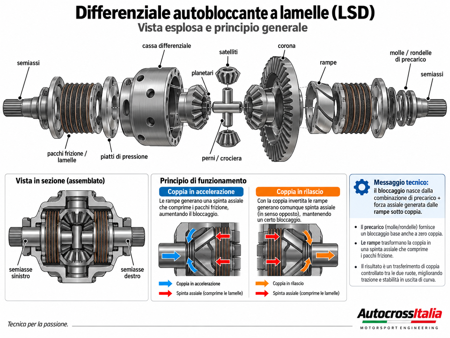 Vista esplosa di un differenziale autobloccante a lamelle con rampe e molle di precarico