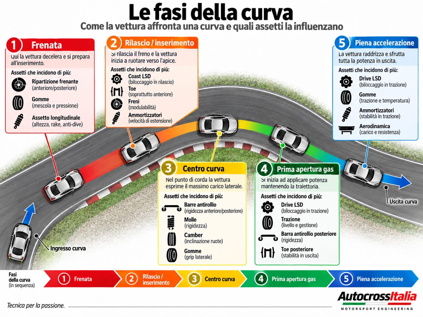 Cinque fasi della curva e principali regolazioni di assetto coinvolte