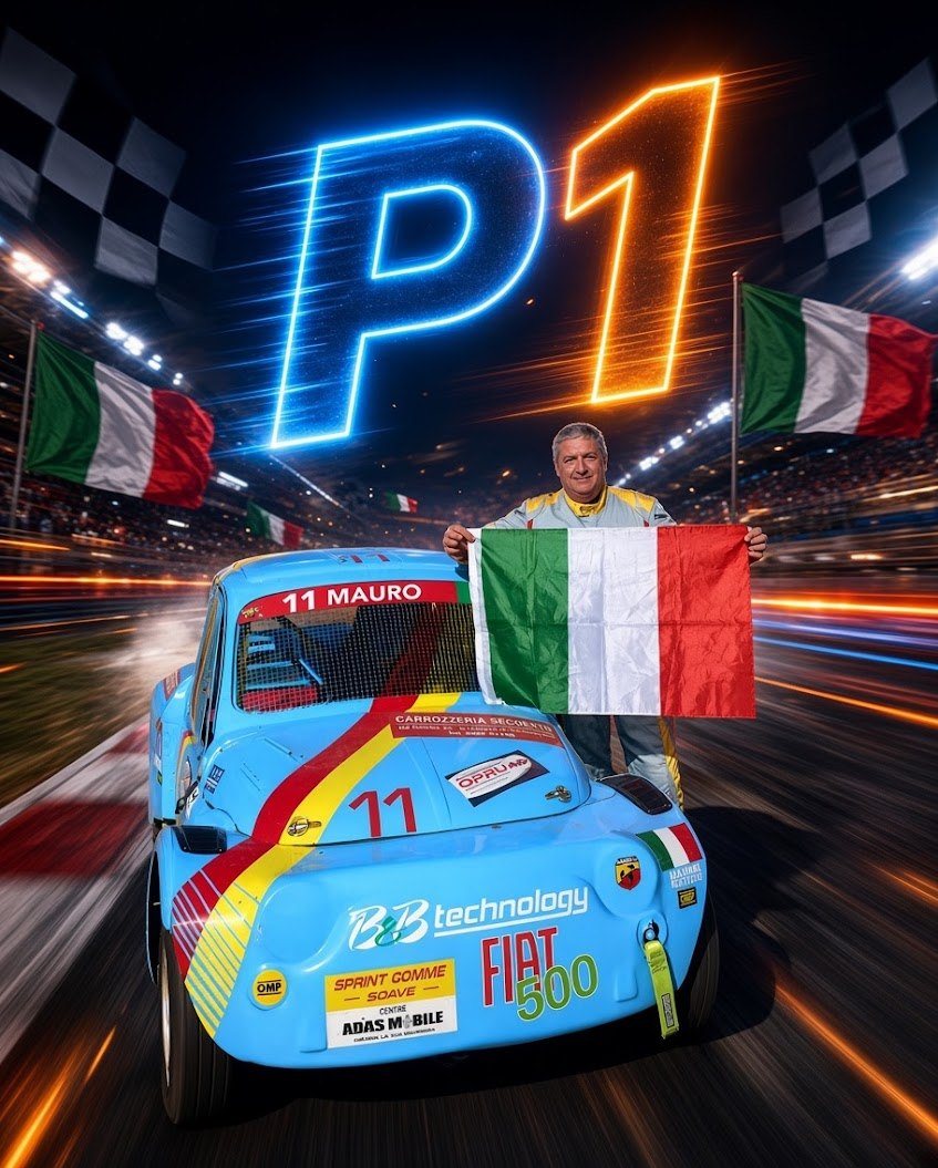 La vettura di Mauro Seghetto davanti alla scritta P1: il resoconto di Pessina gli assegna il secondo posto nella propria categoria e il successo stagionale.